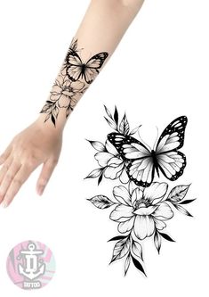 a butterfly tattoo is shown on the arm and wrist, with flowers in front of it