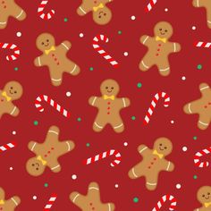 a red background with gingerbreads and candy canes