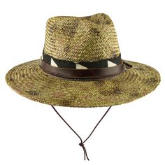 Leather Belt Feathery Straw Hat with Strap - Ruediger Hats Leather Country Hat For Summer, Country Style Leather Hats For Summer, Summer Leather Country Hat, Summer Country Leather Hat, Brown Woven Straw Hat Bands, Adjustable Brown Woven Fedora, Rustic Brown Fedora Straw Hat, Rustic Brown Brimmed Panama Hat, Rustic Brown Straw Sun Hat