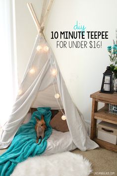 a dog is laying in his bed under a teepee tent with the words diy 10 minute teepee for under $ 6