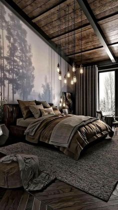 a bedroom with a large bed and lots of lights hanging from the ceiling above it