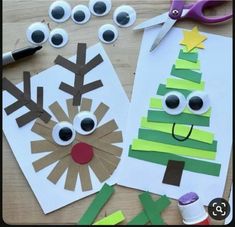 paper cut out to look like a christmas tree with googly eyes, nose and mouth