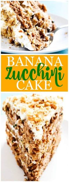 banana zucchini cake on a plate with the title above it