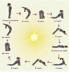 a woman doing yoga poses with the sun in the background and instructions on how to do it