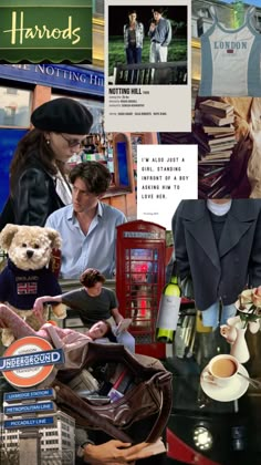 a collage of photos with people and items in them, including clothing, hats, bags, and other things