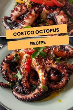 an octopus dish is served on a plate with the words costco octopus recipe above it