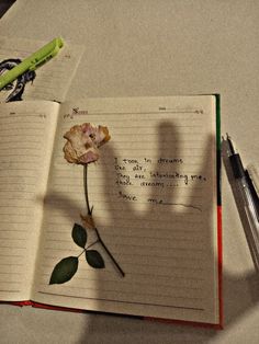 an open notebook with writing on it and a flower in the middle next to a pen