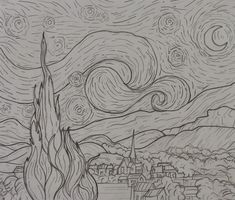 the starry night is shown in this coloring page