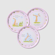 three children's plates with bunny and rabbit on them, one has the words i love