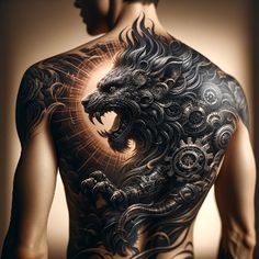 the back of a man's body with tattoos on it and a dragon in the center