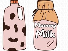 a pink milk bottle with a brown cap and the words mommy milk next to it