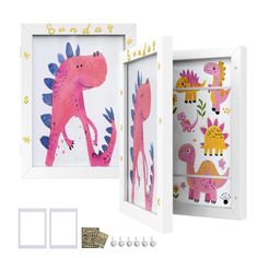 two children's wall hangings with dinosaurs painted on them, one in white and the other in pink