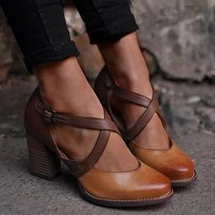 Style:Fashion, StylishItemSandalsUpper MaterialFaux LeatherToe:Round ToeClosure Type:Adjustable BuckleHeels:Chunky Heel Preppy Shoes, Block Sandals, Chunky High Heels, Buckled Heels, Buckle Shoes, Genuine Leather Shoes, Vintage Color, Brown Sandals, Lace Up Heels