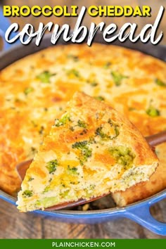 broccoli cheddar cornbread casserole in a blue skillet