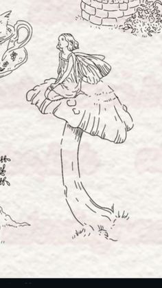 a drawing of a fairy sitting on top of a mushroom