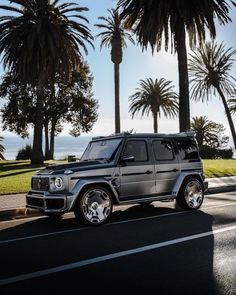 a mercedes g - class is parked on the side of the road near palm trees