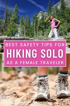 the legs and feet of a hiker with text overlay that reads best safety tips for hiking solo as a female traveler