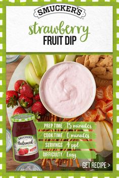 an advertisement for strawberry fruit dip on a plate