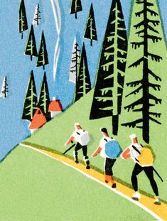 an illustration of people hiking in the woods