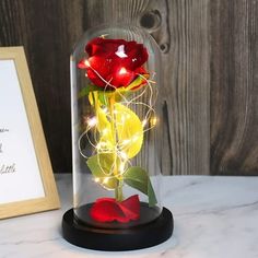 a red rose in a glass dome with some lights on it and a wooden frame