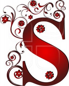 the letter s is decorated with flowers and swirls in red, white and black