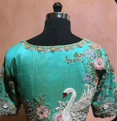 Blouse With Embroidery Work, Embroidery Fabric Dress, Embroidery Designs For Blouses, Floral Work Blouse, Raw Silk Blouse, Blouse Works, Blouse Designs High Neck, Cotton Blouse Design, Maggam Work Blouse