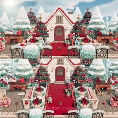 a christmas scene with a red door and white house