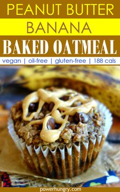 a banana baked oatmeal in a muffin with peanut butter on top