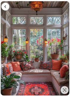 a living room filled with lots of furniture and plants on top of windowsills