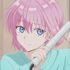 an anime character with pink hair holding a pen