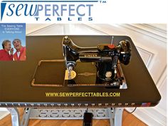 a sewing machine sitting on top of a table with an ad for sew perfect