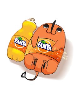 an orange cartoon character holding two bottles of fanta soda and a bottle of lemonade