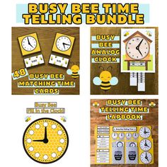 the busy bee time telling bundle is shown with four different pictures and instructions to help students learn