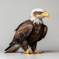 an eagle sitting on the ground with its legs spread out and it's head turned to the side