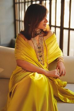 Citrine yellow handwoven solid saree. Comes with an unstitched blouse piece. - Aza Fashions Solid Saree, Yellow Saree, Yellow Satin, Pakistani Fashion, Sarees Online, Blouse Piece, Aza Fashion, Out Of Style, Citrine