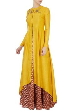 Shop for Joy Mitra Yellow Chanderi Asymmetric Kurta for Women Online at Aza Fashions Fitted Asymmetrical Sets For Festive Occasions, Festive Asymmetrical Fitted Sets, Festive Sets With Fitted Asymmetrical Hem, Festive Fitted Sets With Asymmetrical Hem, Fitted Sets With Asymmetrical Hem For Festive Occasions, Asymmetric Kurta, Kurta Women, Neeta Lulla, Long Kurta