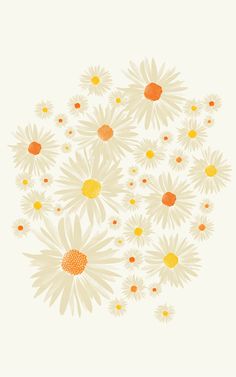 a bunch of flowers that are in the middle of a white background with orange and yellow dots