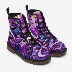 These extremely comfortable classic boots with a high quality print are made to last and to impress. Designed for fashion people, stylish and personalized. Perfect for everyday wearing and to show a unique sense of style.. - The Upper Made of PU leather (synthetic leather), the sole made of rubber.- Soft PU make it comfortable and soft. Size Chart Casual Purple Leather Boots, Trendy Purple Lace-up Boots, Funky High-top Leather Boots, Trendy Purple Ankle-high Boots, Trendy Purple Winter Boots, Multicolor Round Toe Boots For Streetwear, Purple Round Toe Boots For Streetwear, Trendy Purple Boots With Round Toe, Trendy Purple Round Toe Boots