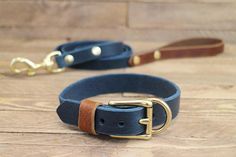 a blue leather dog collar and leash on a wooden floor with a gold buckle in the center