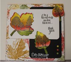 a close up of a card with trees and leaves on the front, and a thank you note in the back