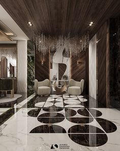 an elegant living room with marble flooring and chandelier hanging from the ceiling