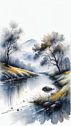 watercolor painting with trees and mountains in the background