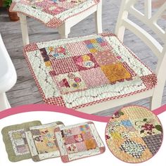 four placemats and one chair with different patterns on them