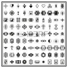 a large collection of tattoos and cross designs, all in black and white on a sheet of paper