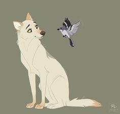 a white dog sitting next to a bird on top of a gray background with black and white birds flying around