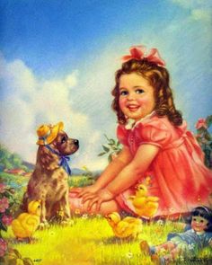 Vintage Easter illustration - little girl with Cocker Spaniel and chicks. View from the Birdhouse: Dear Abby - Vintage Easter Cards With Dogs Jessie Willcox Smith, Vintage Baby Girl, Vintage Picture, Picture Illustration, Illustration Vintage, Vintage Dog, Art Business, Vintage Easter