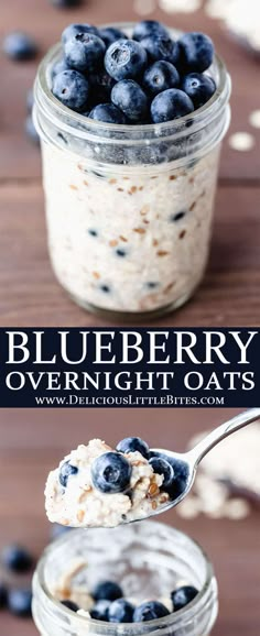 blueberry overnight oatmeal in a glass jar with a spoon