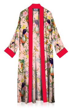 Elegant and Timeless! Kyle x Shahida long satin robe with Bird Print contrast Color Shawl collar; wrap front. Long Sleeves. Self-tie sash at waist. Relaxed silhouette. Hem falls below knees. Hand wash. Imported Robe DETAIL - HANDMADE & HANDCRAFTED Luxury Loungewear & Loungewear Sets for Women: Elegant and Timeless, we can see why silk coats and Silk Duster and lightweight silk jacket are designer Kyle X Shahida brand signature. This iteration is made of lustrous Viscose silk-satin and fe Silk Duster, Satin Duster, Dress Shawl, Luxury Loungewear, Silk Coat, Long Duster, Dress With Shawl, Duster Jacket, Printed Robe