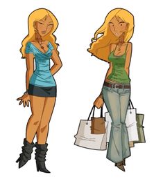 two cartoon girls with shopping bags standing next to each other, one holding a purse