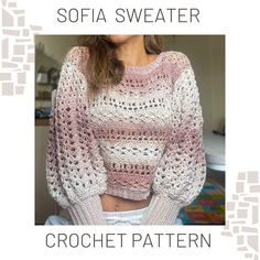 a woman wearing a sweater with crochet patterns on it and the words, sofia